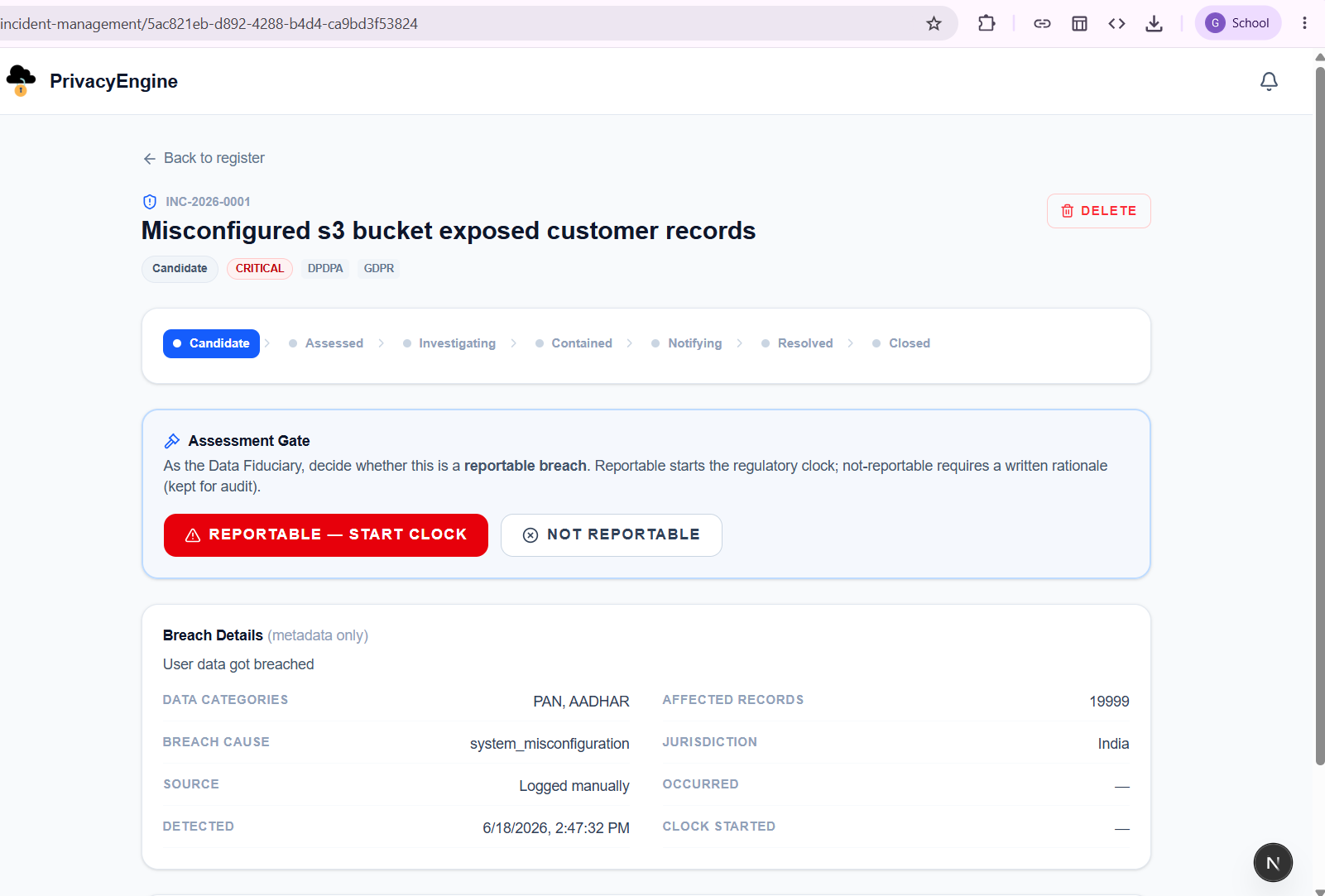 Incident management in DigiFortex showing Assessment Gate and reportable breach workflow with 7-stage lifecycle